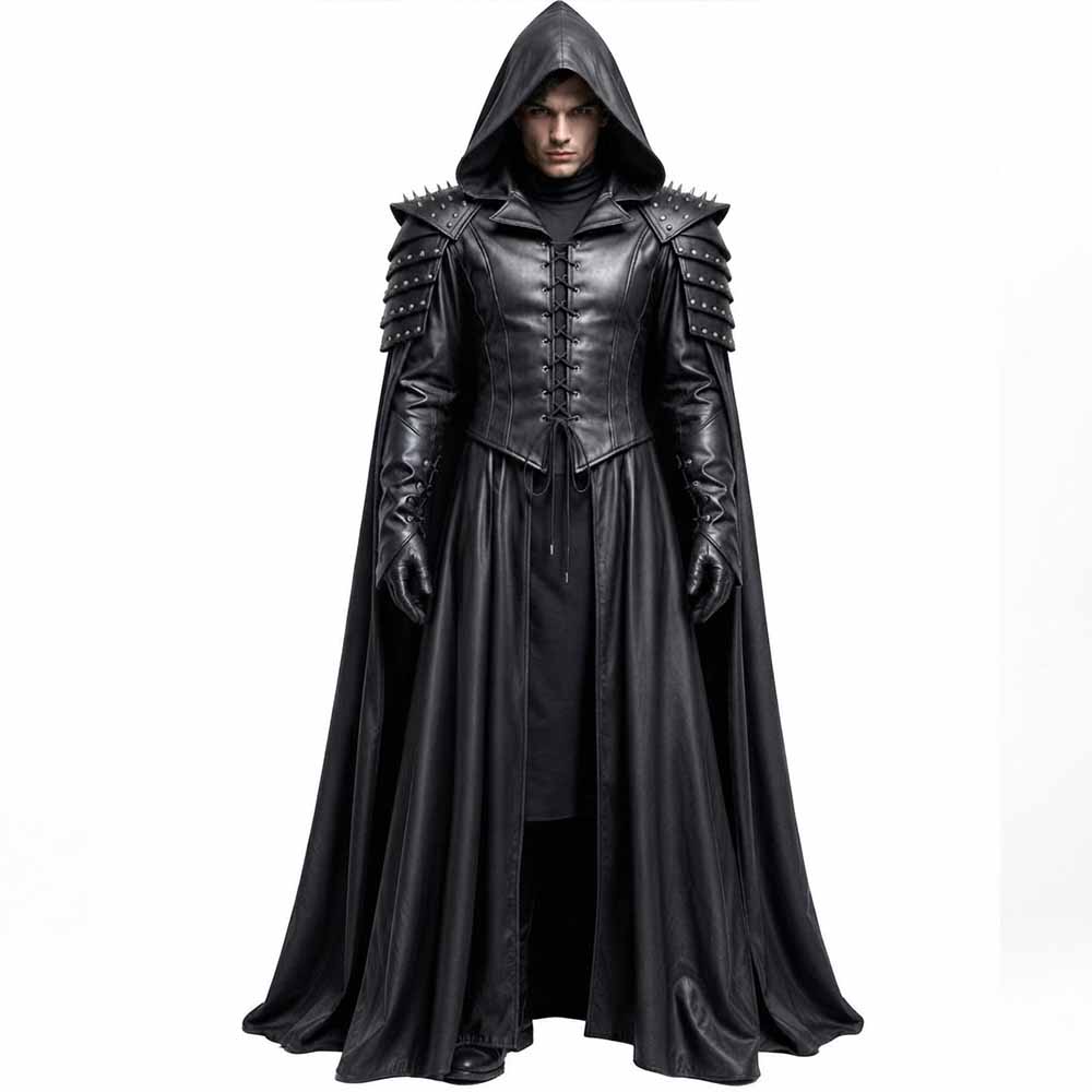 Front view of a model wearing a men's black genuine leather hooded cloak with spiked armor shoulders and lace-up front.