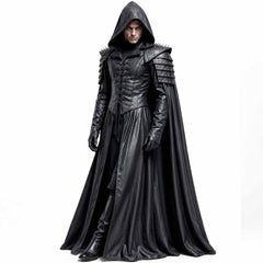 Three-quarter view showcasing the floor-length drape, deep hood, and fitted leather structure of the gothic medieval cloak.