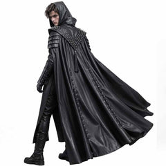 Rear side view showing the sweeping cape back, studded shoulder capelet, and back eyelet lacing on the leather cloak.