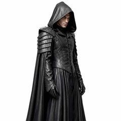 Medium side profile highlighting the deep pointed hood, lace-up torso section, and layered pauldrons of the men's LARP costume.