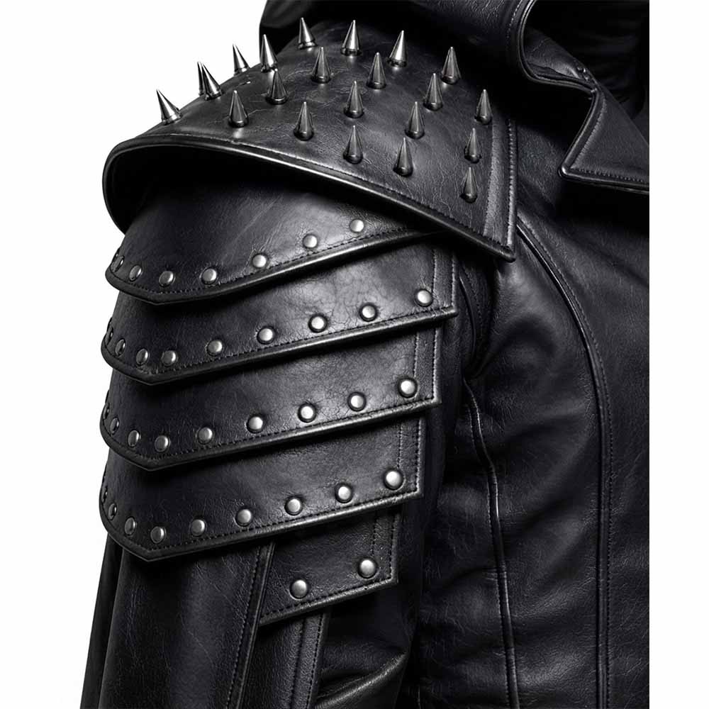 Close-up shot of the genuine black leather shoulder armor with rows of metal rivets and sharp decorative spikes.