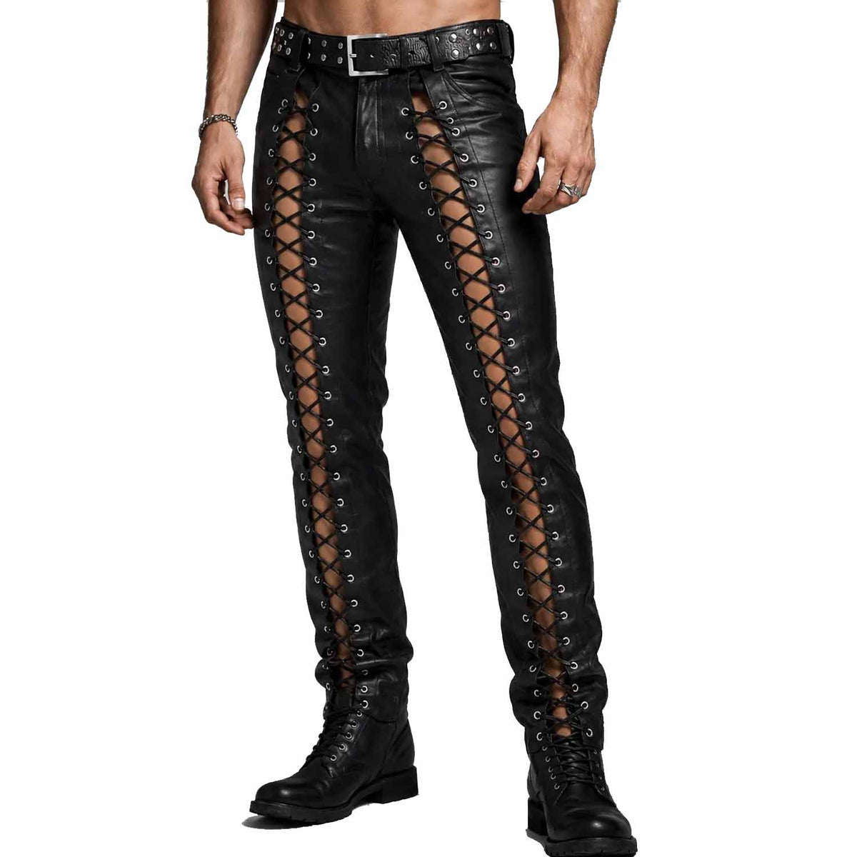Front view of a man wearing black genuine leather lace-up pants with dramatic open-side crisscross lacing and a studded statement belt.