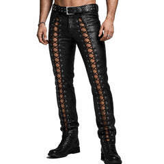 Front view of a man wearing black genuine leather lace-up pants with dramatic open-side crisscross lacing and a studded statement belt.
