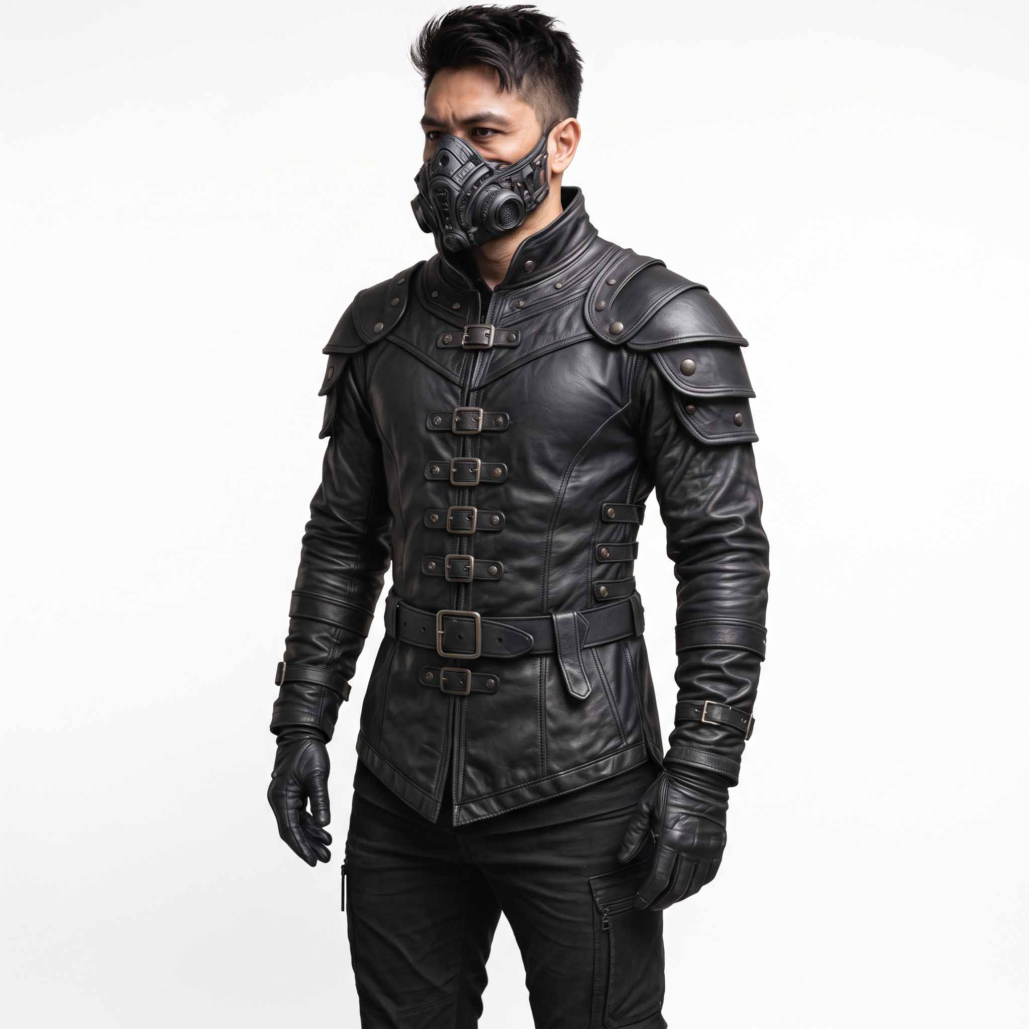 Full front shot of man wearing handmade black cowhide leather armor jacket with tiered shoulder pauldrons, front buckle straps, and tactical mask