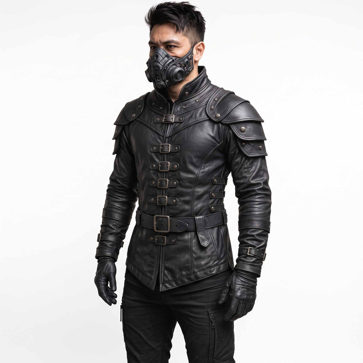 Full front shot of man wearing handmade black cowhide leather armor jacket with tiered shoulder pauldrons, front buckle straps, and tactical mask