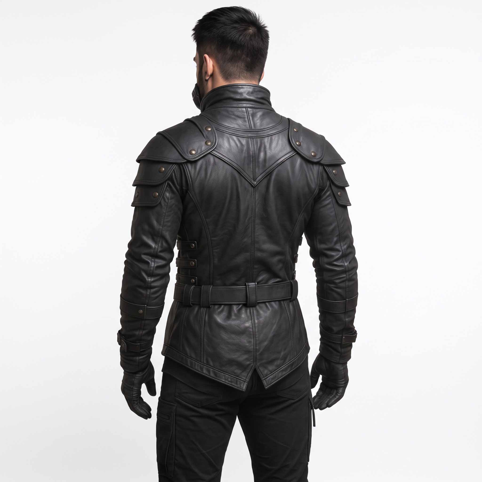 Back view of man modeling black leather steampunk combat coat showing high stand collar, sculpted back yoke, and belted waistline