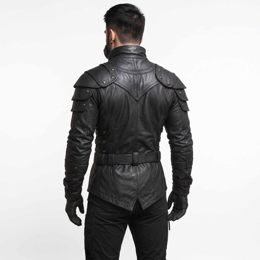 Back view of man modeling black leather steampunk combat coat showing high stand collar, sculpted back yoke, and belted waistline