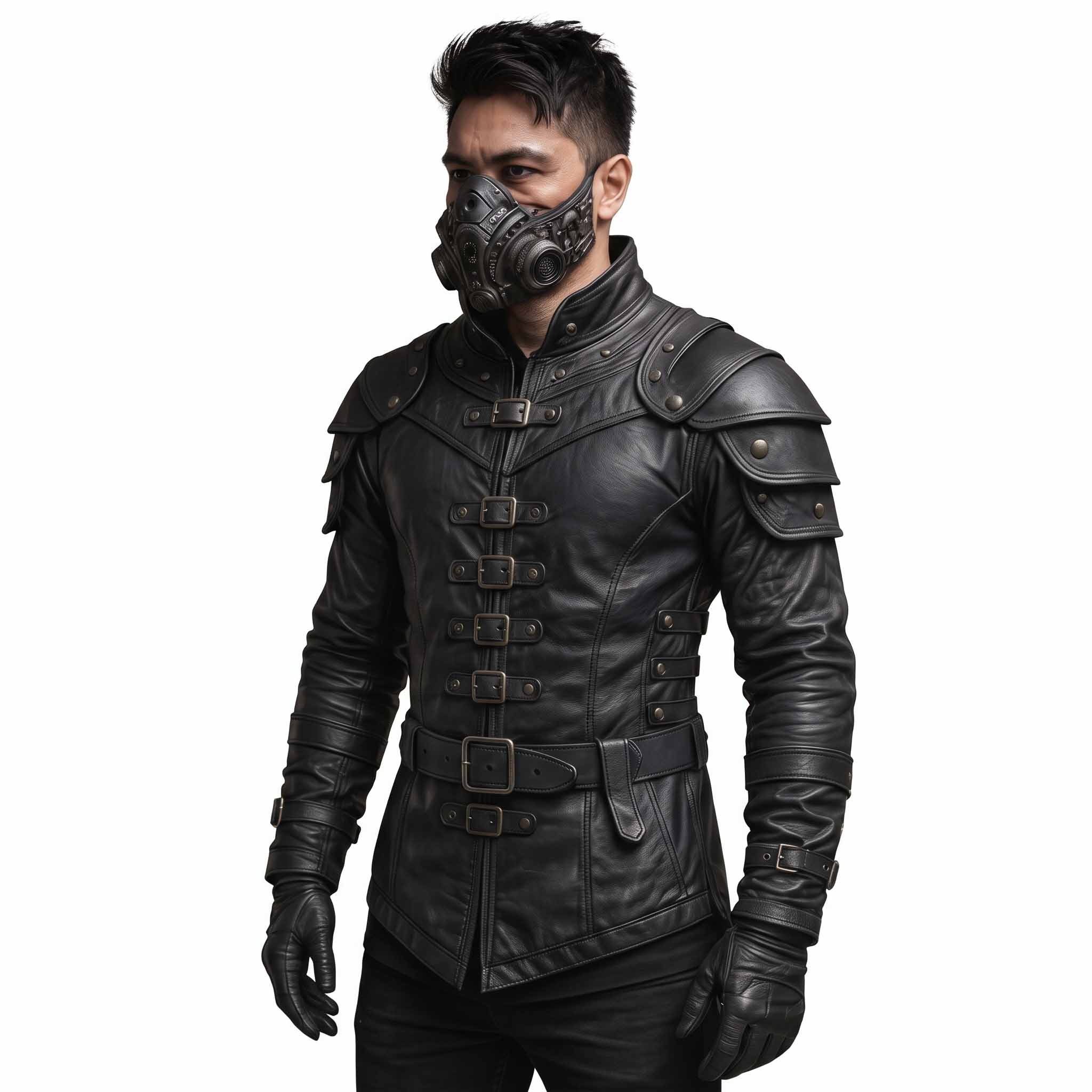 Front three quarter perspective of man wearing tailored black leather cyberpunk warrior jacket highlighting multi strap roller buckles and shoulder armor plates