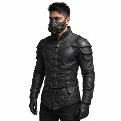 Front three quarter perspective of man wearing tailored black leather cyberpunk warrior jacket highlighting multi strap roller buckles and shoulder armor plates