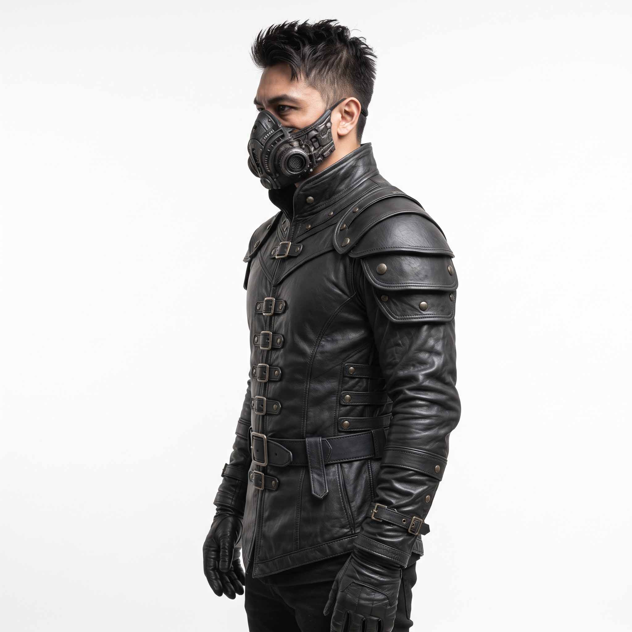 Side profile shot of black genuine cowhide leather armor jacket displaying high funnel collar, tiered shoulder pauldrons, and buckled forearm straps