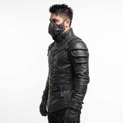 Side profile shot of black genuine cowhide leather armor jacket displaying high funnel collar, tiered shoulder pauldrons, and buckled forearm straps