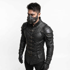 High angle view of man in black leather fantasy armor coat highlighting metal rivets, raised collar seams, and integrated waist belt