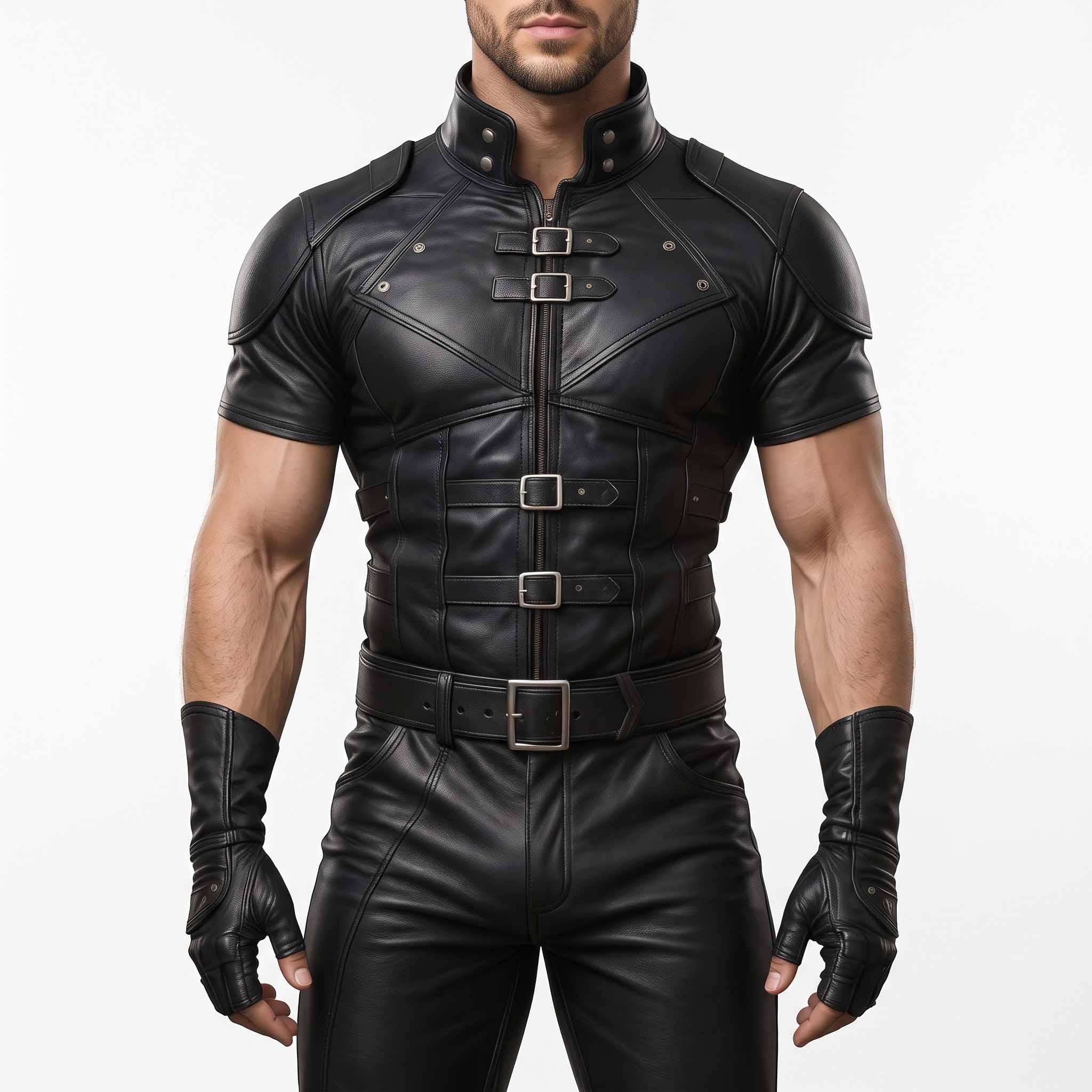 Full front shot of athletic man wearing handmade black leather armor shirt with high stand collar, front zipper, and five buckle straps