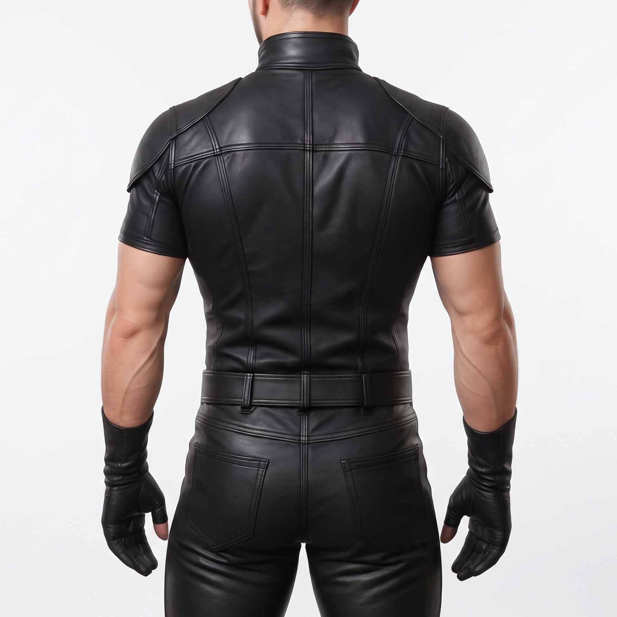 Back view of man modeling black genuine leather short sleeve armor shirt showing padded shoulder caps, clean spine seams, and matching trousers