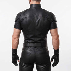 Back view of man modeling black genuine leather short sleeve armor shirt showing padded shoulder caps, clean spine seams, and matching trousers
