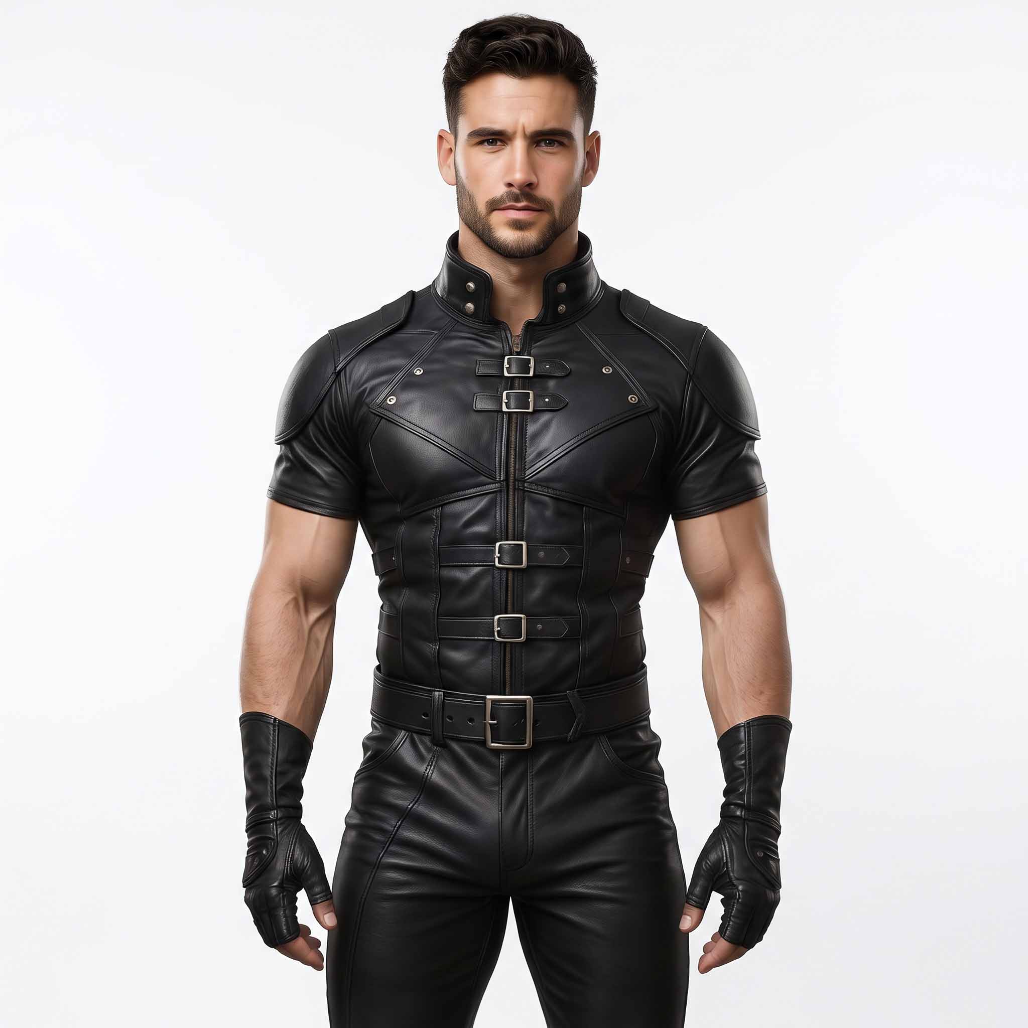 Front three-quarter perspective of handsome bearded man wearing black leather steampunk jerkin with silver buckles and leather gauntlet gloves