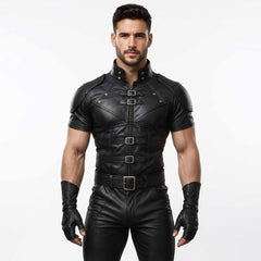 Front three-quarter perspective of handsome bearded man wearing black leather steampunk jerkin with silver buckles and leather gauntlet gloves