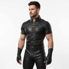 Side profile view of man wearing tailored black leather tactical armor top highlighting padded cap sleeves, high collar, and form fitting torso cut
