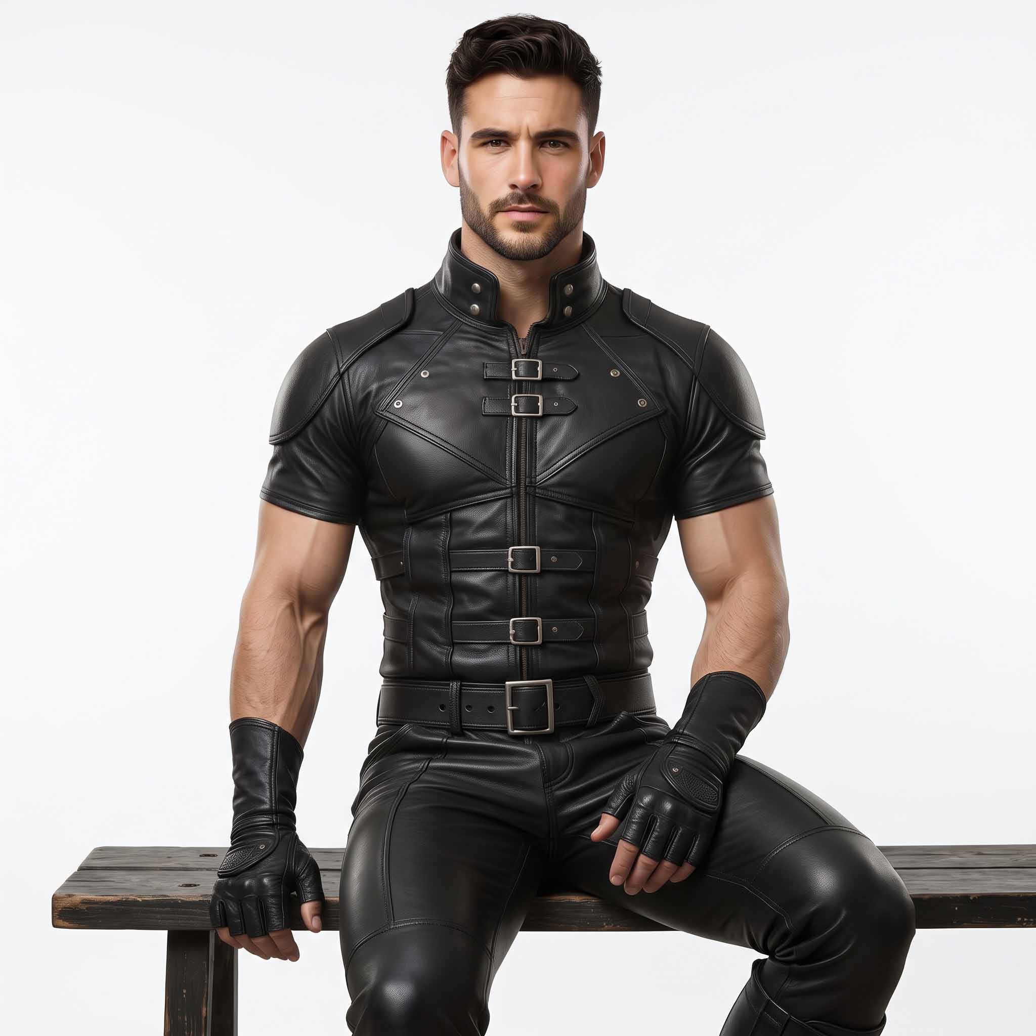 Muscular man seated on wooden bench wearing black leather gothic armor shirt and fingerless gloves displaying flexible short sleeve fit