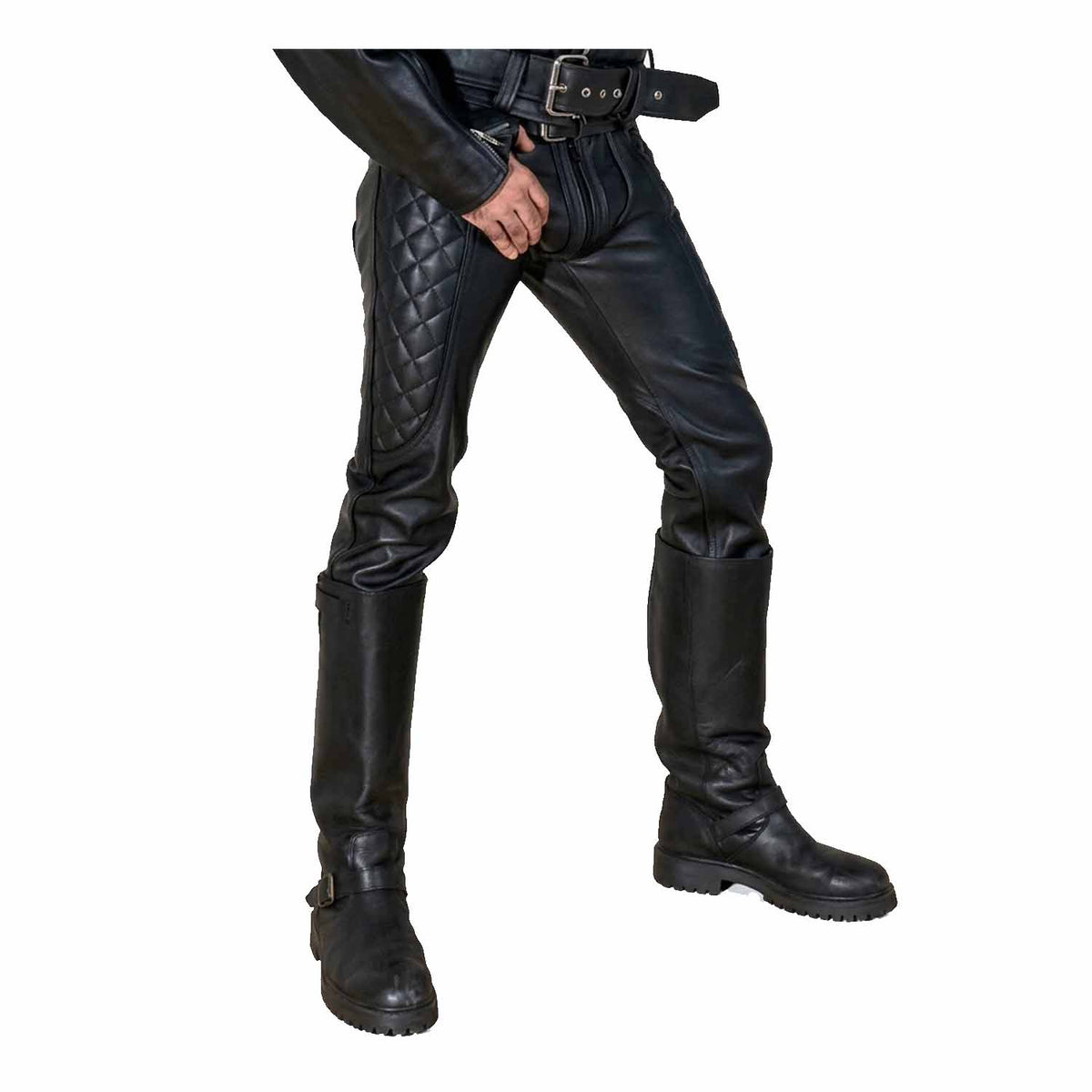 Front three-quarter view of man wearing black cowhide leather biker saddle pants with diamond quilted thigh padding tucked into tall riding boots.