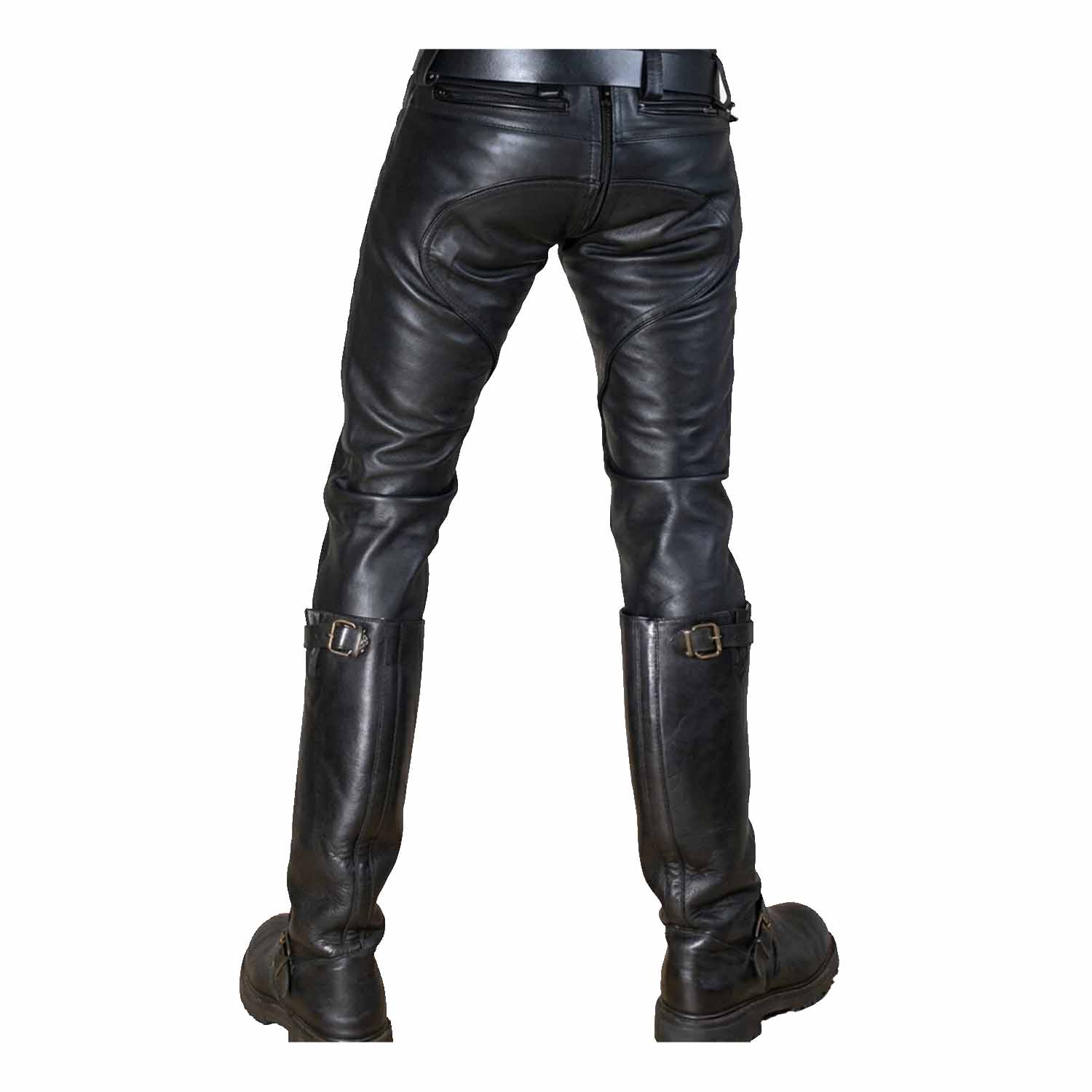 Rear view of men's black leather BLUF breeches showing the continuous back zipper, saddle seat overlay, and zippered pockets.