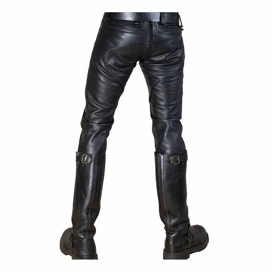 Rear view of men's black leather BLUF breeches showing the continuous back zipper, saddle seat overlay, and zippered pockets.