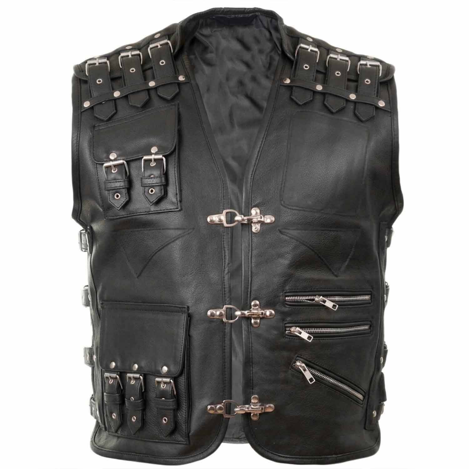Front view of men's black cowhide leather motorcycle vest featuring fish-hook clasps and buckle pockets