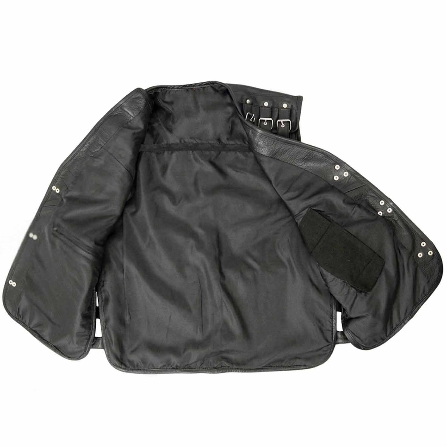 Interior view of men's black leather biker vest flat laid showing smooth satin lining and inside pocket