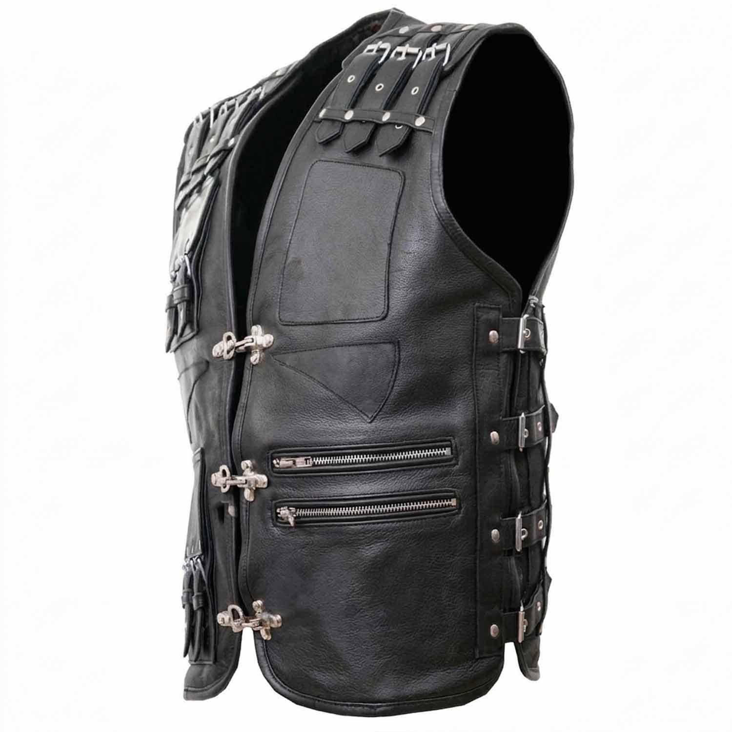 Side profile of black leather biker vest showing adjustable side buckles and zipper pockets