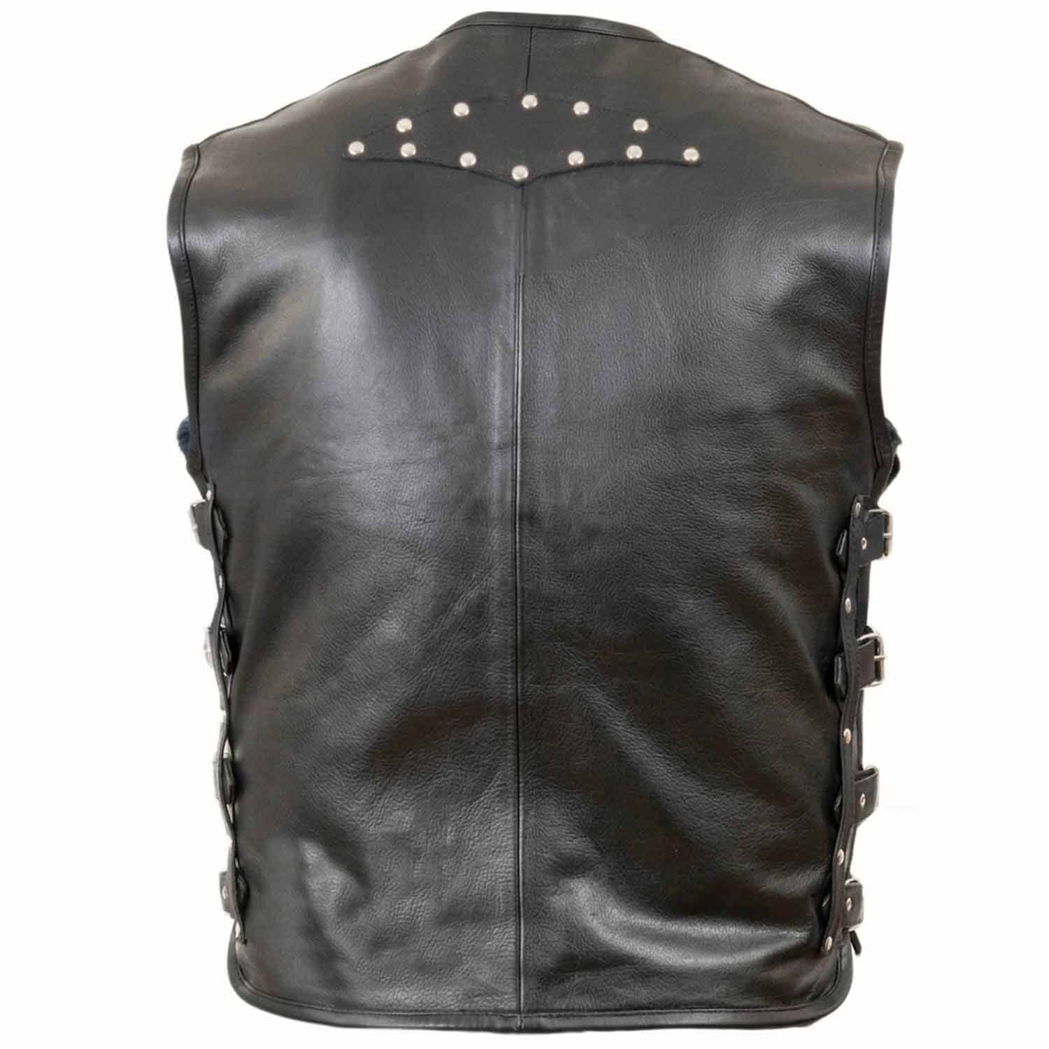 Back view of men's black leather riding waistcoat with studded top accent and side buckle adjustments