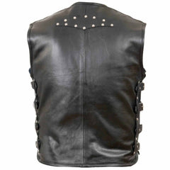 Back view of men's black leather riding waistcoat with studded top accent and side buckle adjustments