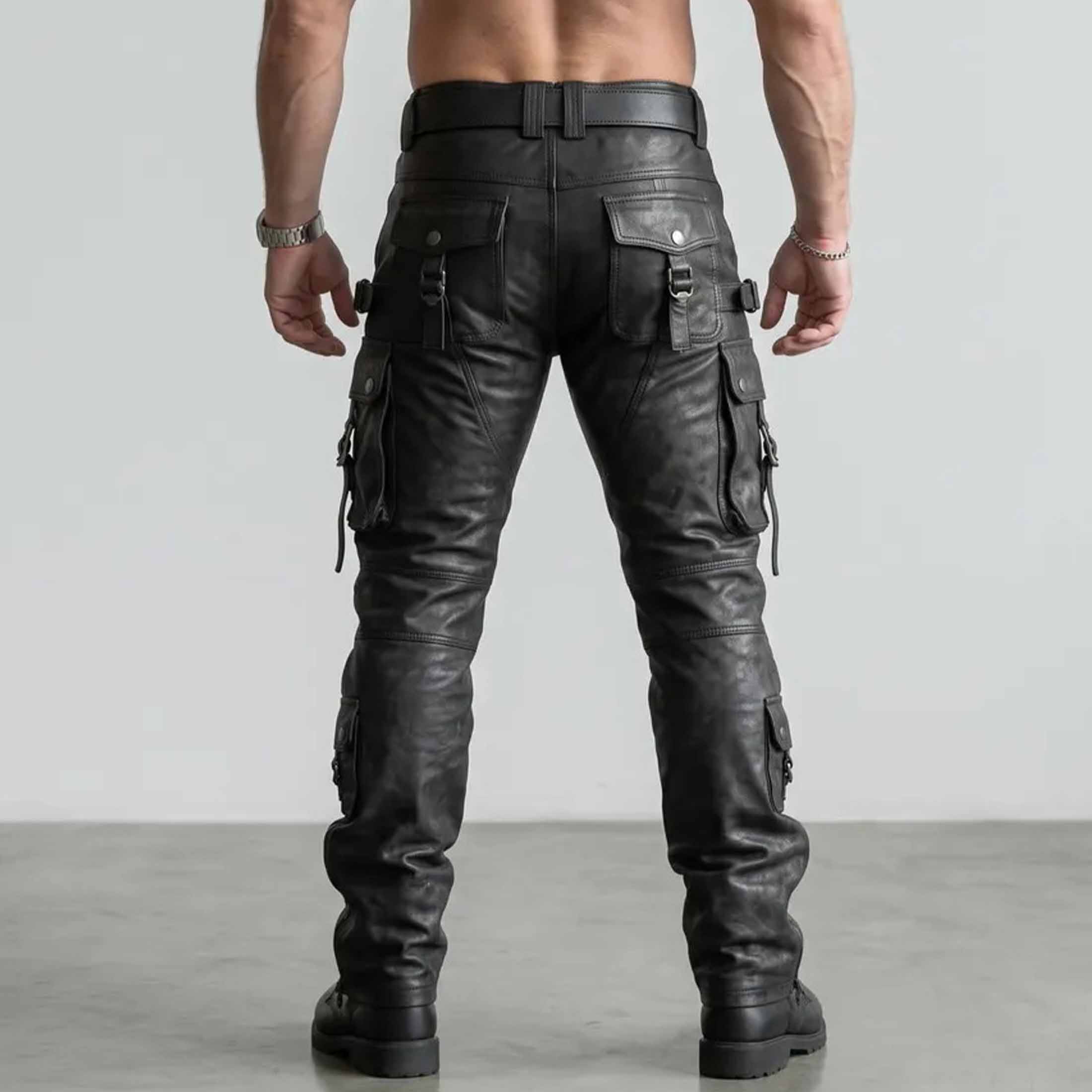 Back view of mens black leather biker trousers showing rear flap pockets reinforced seat seams and fitted straight leg cut