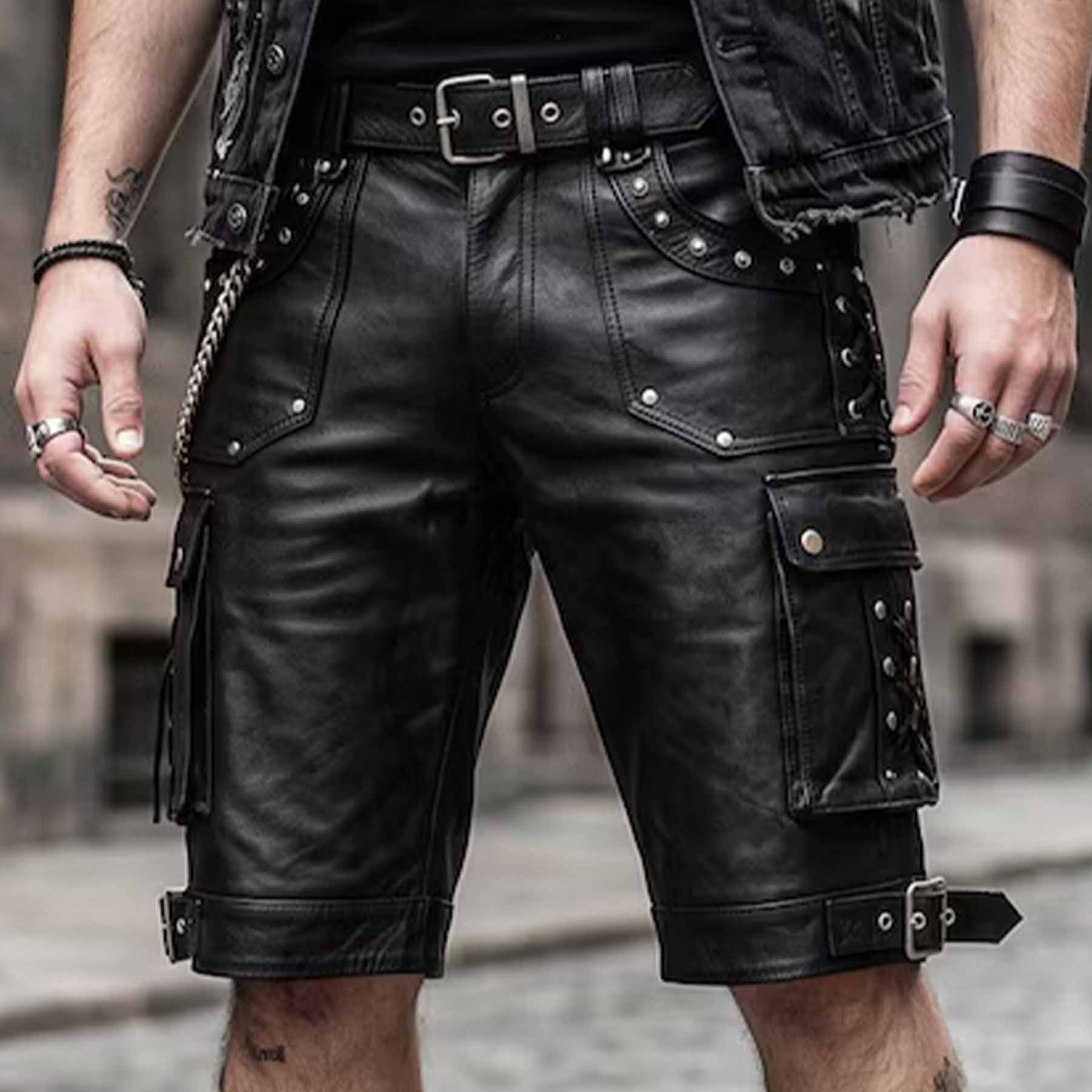Full front shot of man wearing handmade black cowhide leather cargo shorts with studded pockets and buckled knee cuffs on cobblestone street