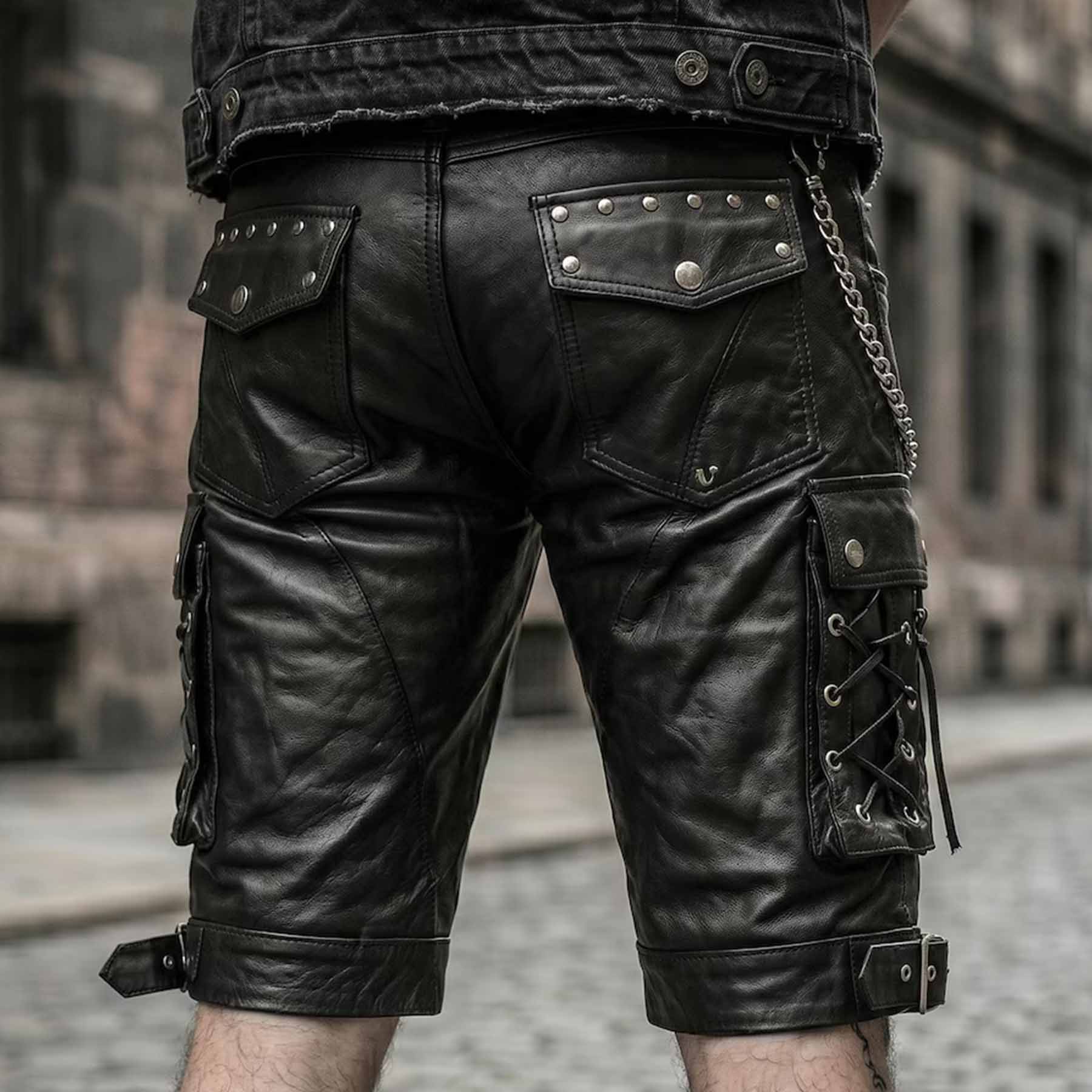 Back view of mens black leather cargo biker shorts showing studded rear flap pockets, side cord lacing, and wallet chain accessory