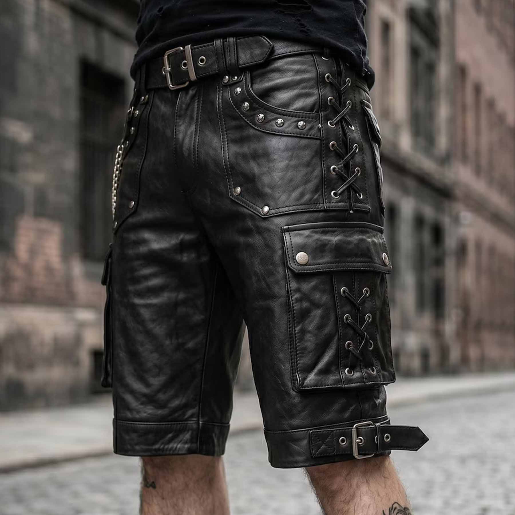 Front three-quarter angle of black leather knee-length shorts highlighting silver grommet thigh lacing, large cargo pocket, and roller buckle strap