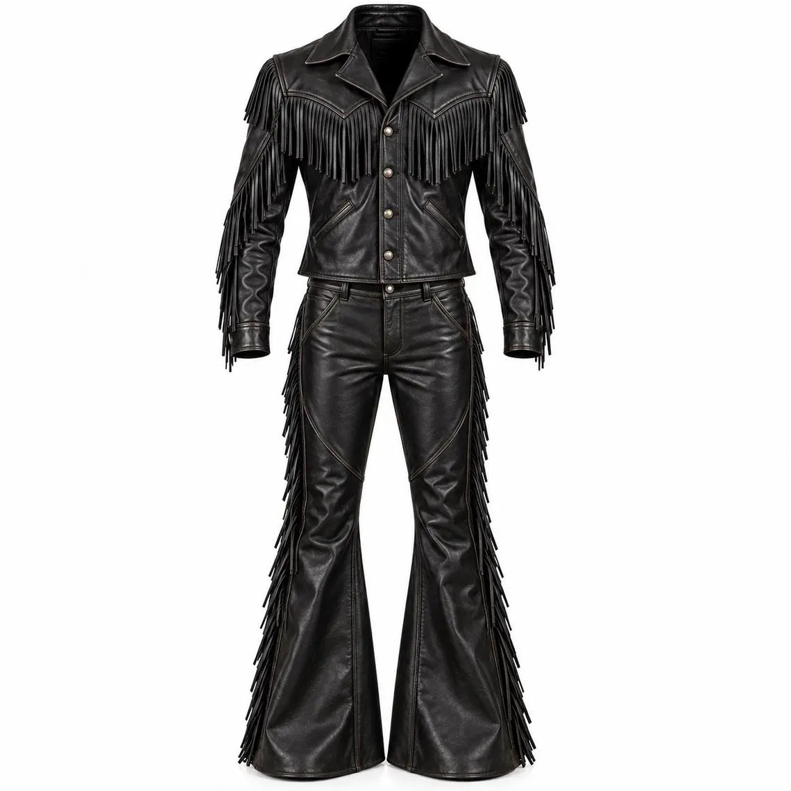 Handmade Men’s Black Leather Cowboy Fringe Outfit | Western Rodeo Jacket & Bell Bottom Flared Pants Set, Vintage Rocker Costume