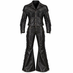 Handmade Men’s Black Leather Cowboy Fringe Outfit | Western Rodeo Jacket & Bell Bottom Flared Pants Set, Vintage Rocker Costume