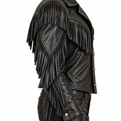 Handmade Men’s Black Leather Cowboy Fringe Outfit | Western Rodeo Jacket & Bell Bottom Flared Pants Set, Vintage Rocker Costume