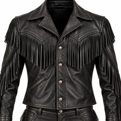 Handmade Men’s Black Leather Cowboy Fringe Outfit | Western Rodeo Jacket & Bell Bottom Flared Pants Set, Vintage Rocker Costume