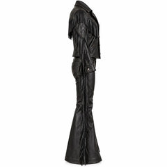 Handmade Men’s Black Leather Cowboy Fringe Outfit | Western Rodeo Jacket & Bell Bottom Flared Pants Set, Vintage Rocker Costume