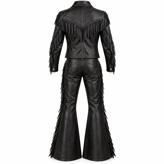 Handmade Men’s Black Leather Cowboy Fringe Outfit | Western Rodeo Jacket & Bell Bottom Flared Pants Set, Vintage Rocker Costume