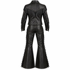 Handmade Men’s Black Leather Cowboy Fringe Outfit | Western Rodeo Jacket & Bell Bottom Flared Pants Set, Vintage Rocker Costume