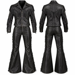 Handmade Men’s Black Leather Cowboy Fringe Outfit | Western Rodeo Jacket & Bell Bottom Flared Pants Set, Vintage Rocker Costume