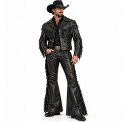 Handmade Men’s Black Leather Cowboy Fringe Outfit | Western Rodeo Jacket & Bell Bottom Flared Pants Set, Vintage Rocker Costume