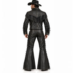 Handmade Men’s Black Leather Cowboy Fringe Outfit | Western Rodeo Jacket & Bell Bottom Flared Pants Set, Vintage Rocker Costume