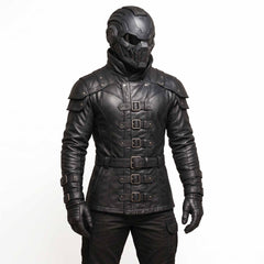 Full front view of man wearing handmade black leather cyberpunk armor jacket with front buckle straps, tiered shoulder pads, and tactical helmet
