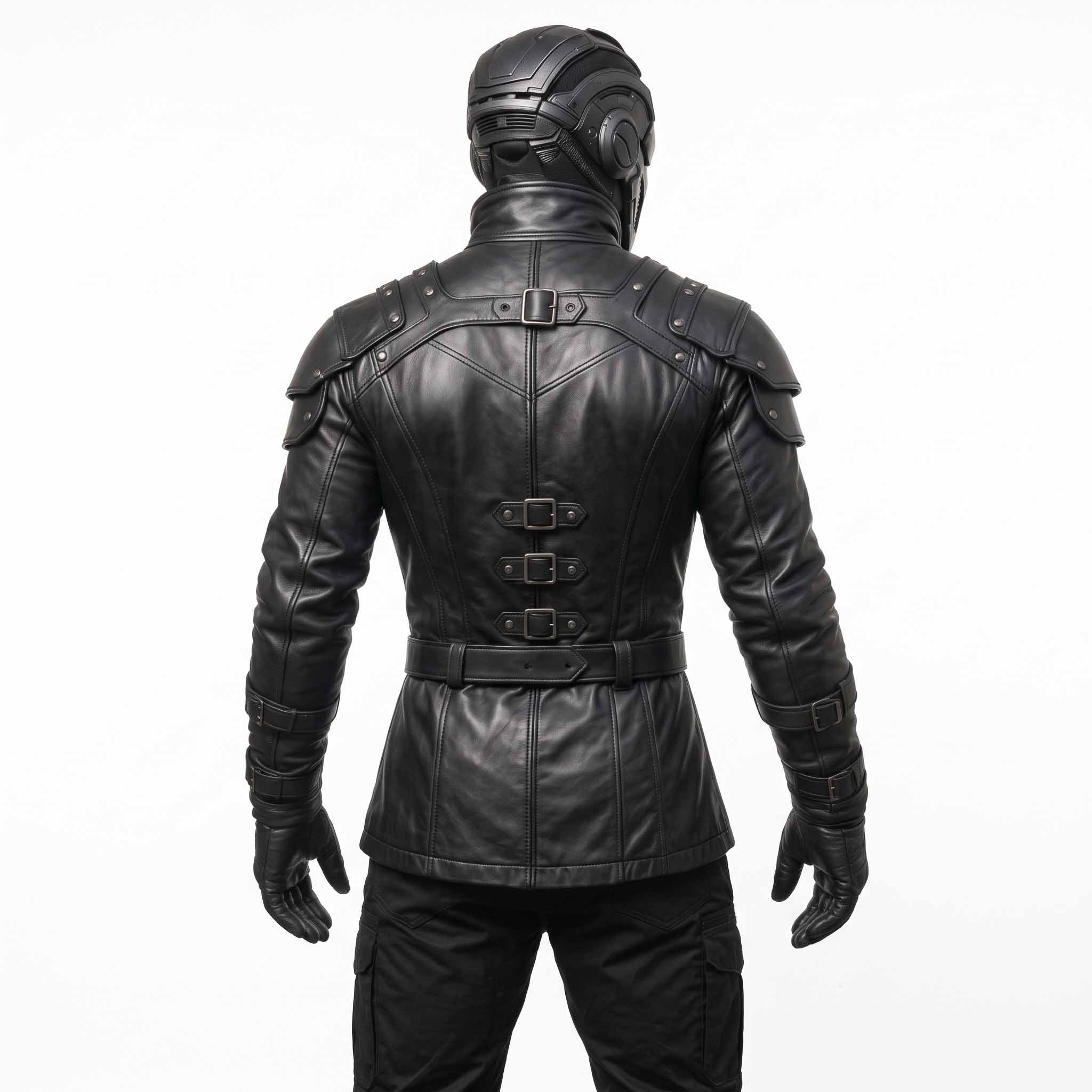 Back view of mens black leather steampunk warrior coat displaying shoulder pauldrons, back harness strap, and triple lumbar cinch buckles