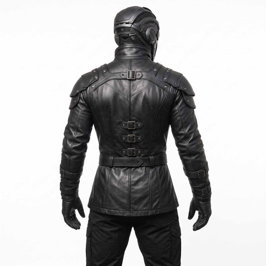 Back view of mens black leather steampunk warrior coat displaying shoulder pauldrons, back harness strap, and triple lumbar cinch buckles