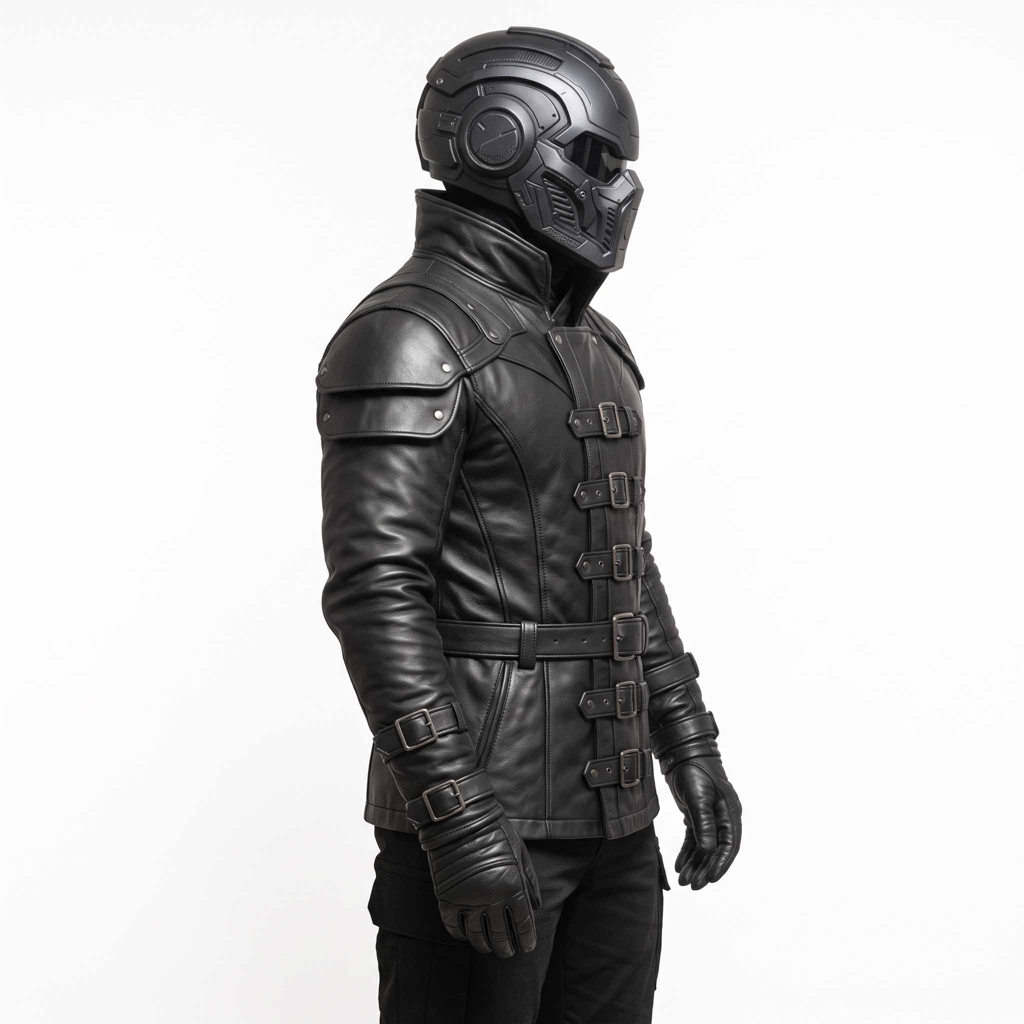 Side profile shot of tailored black leather armor jacket showing high stand collar, tiered shoulder plates, and forearm buckle straps