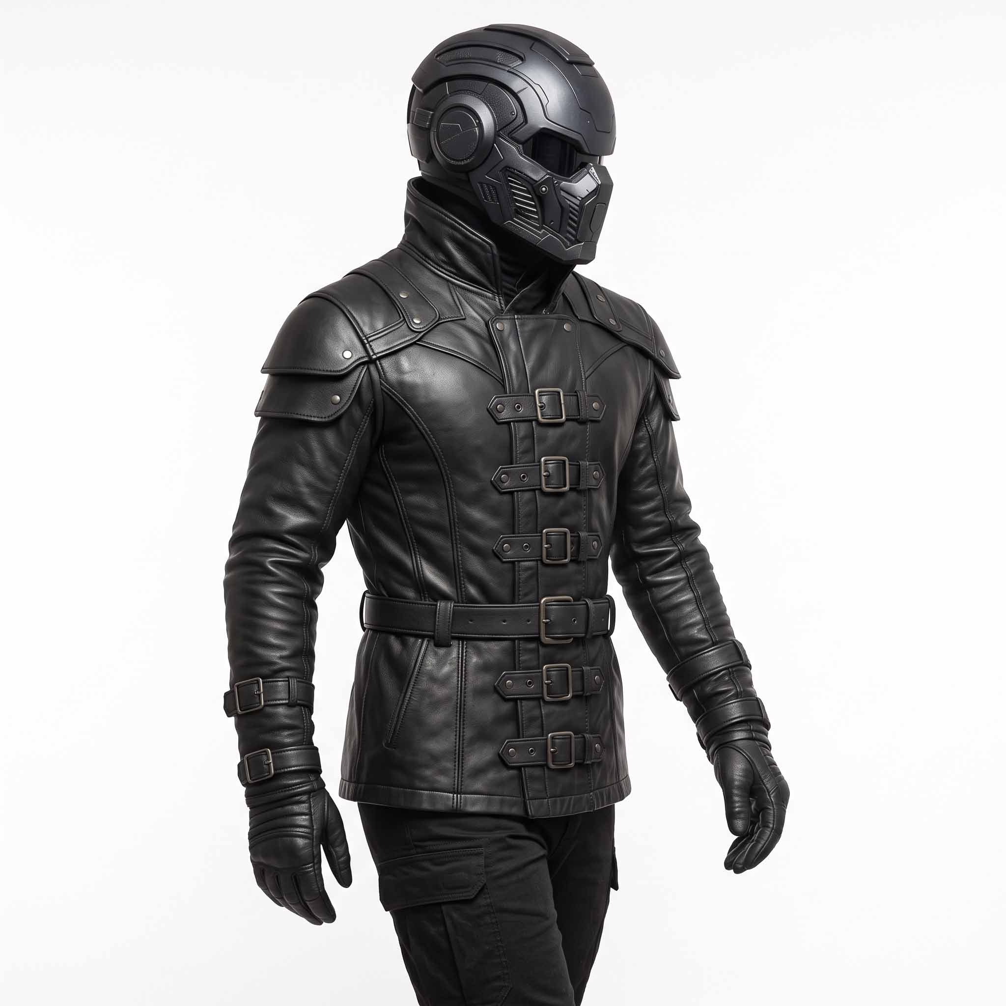 Front three quarter perspective of man modeling black cyberpunk leather jacket with waist belt and multi buckle chest closures